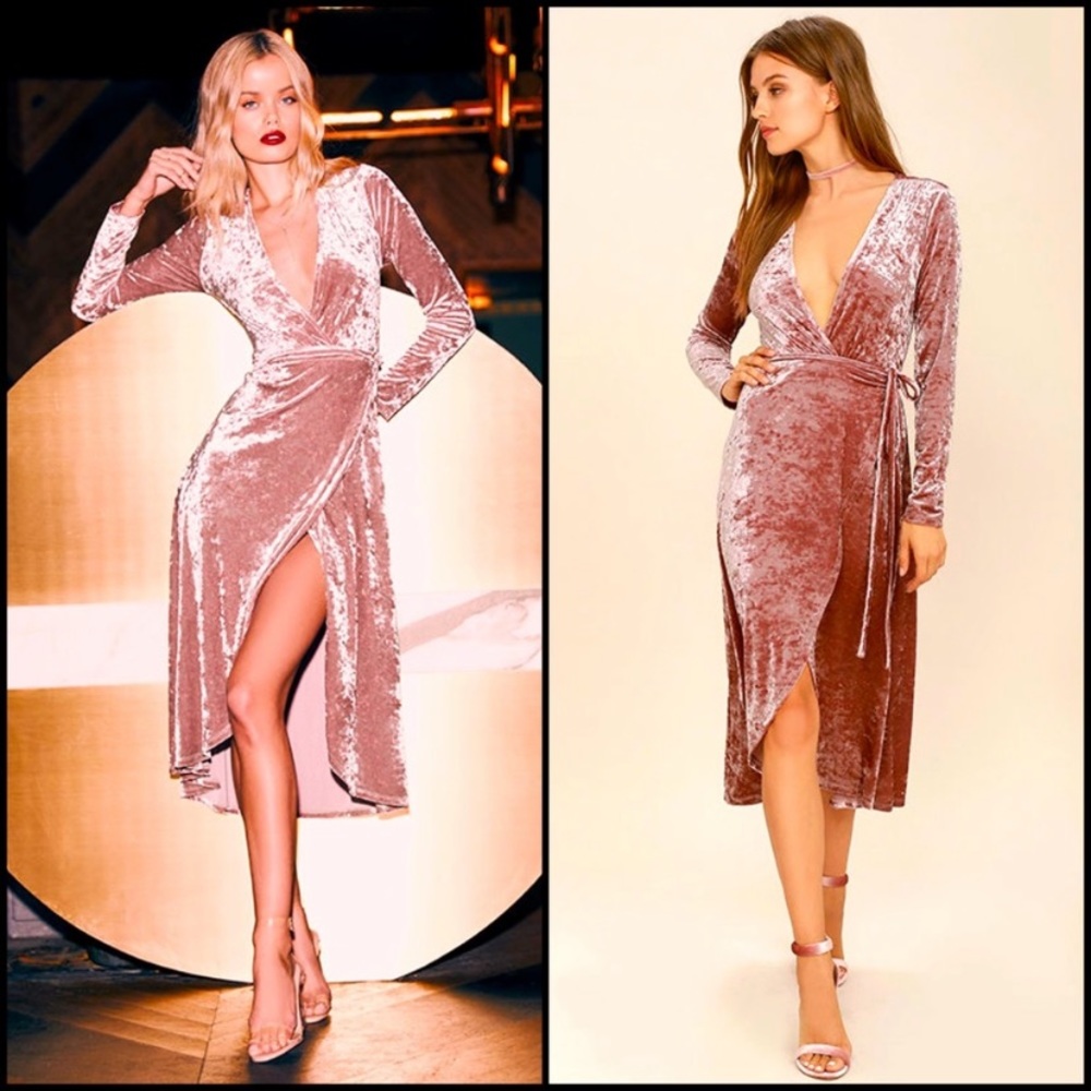 Pink, Crushed velvet, wrap dress